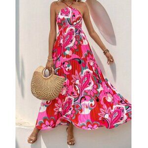 Floral Print Pleated Hem Shirred Halter Neck Dress